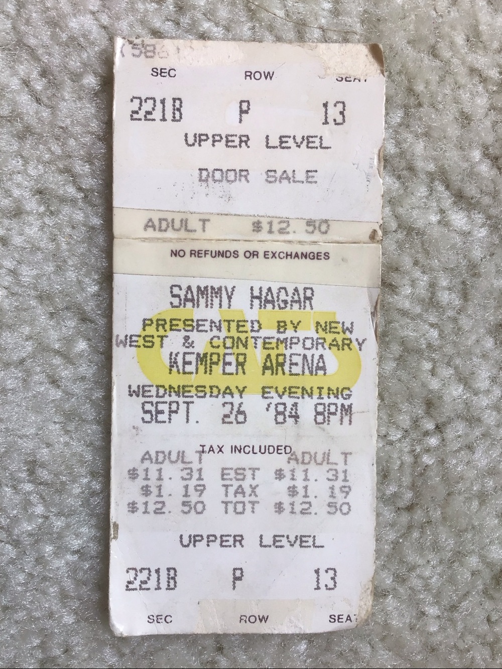Vintage Rock Memorabilia Sammy Hagar Concert Ticket Stub, 1984